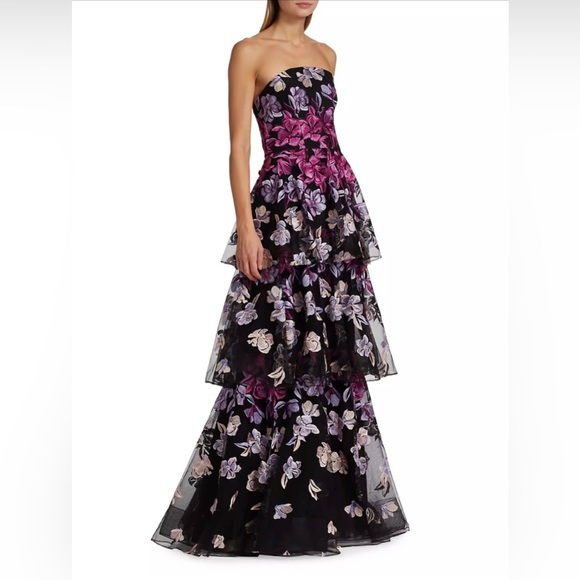 Marchesa Notte Tiered Strapless Embroidered Tulle Gown - Picture 1 of 4